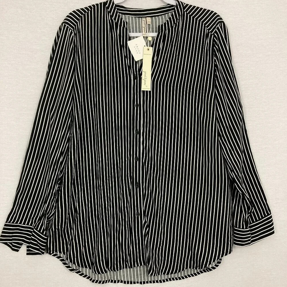 New Grand & Greene Black White Striped Ultra Soft Rayon Button Down Large Office